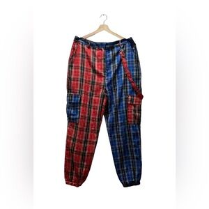 LOVE STAR Red/Blue Plaid Stripes Parachute Jogger Pant’s w/Pockets Size XL